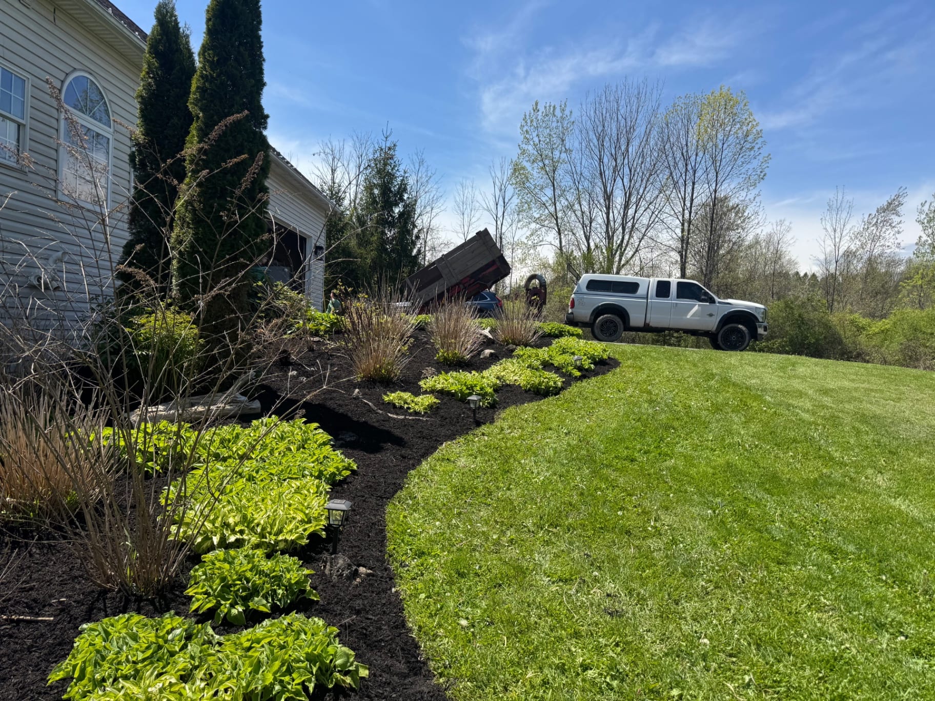Detailed view of refreshed mulch bed and clean property edge